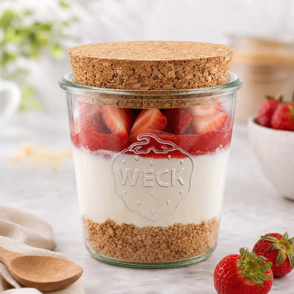 Słoik WECK 580ml RR100 z korkiem jako słoik deserowy na truskawki jogurt musli stylowo zaaranżowany na białym stole