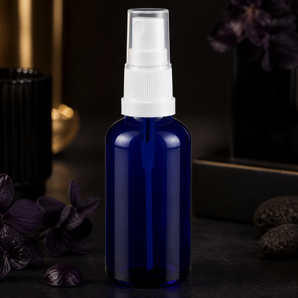Butelka ze spryskiwaczem 50 ml biała/przezroczysta STD BlueLine UT18/50 Wysokiej jakości szklana butelka z rozpylaczem o pojemności 50 ml i ergonomicznym kształcie do profesjonalnych zastosowań kosmetycznych