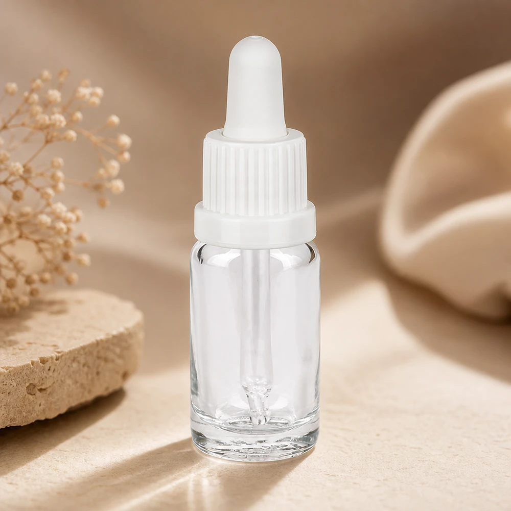 Butelka z pipetą 10 ml biała OV ClearLine UT18/10 Przezroczysta szklana buteleczka o pojemności 10 ml z białą zakrętką z pipetą, umieszczona na kamieniu naturalnym
