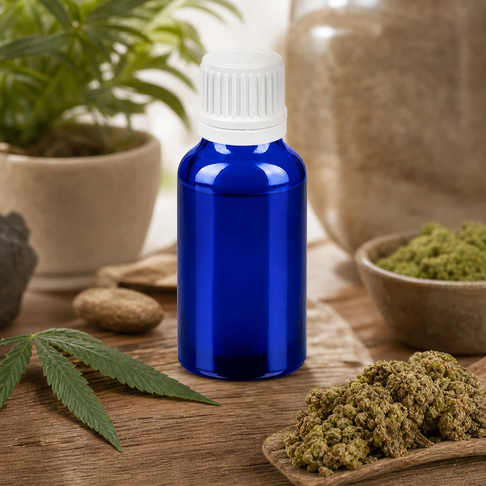 Kompaktowa butelka z zakraplaczem 20 ml w eleganckim niebieskim kolorze z praktyczną zakrętką do kosmetyków naturalnych