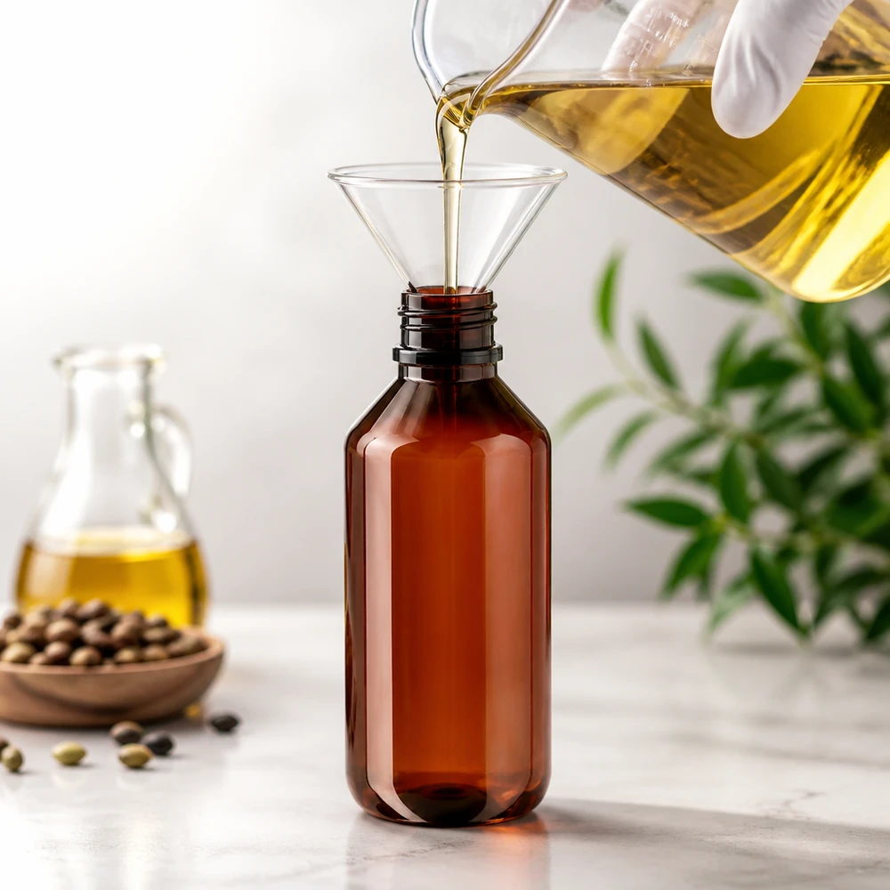 Butelka PET 200 ml z czarną nakrętką OV 200ml PET Flasche amber für Hanföl und Naturöle mit schwarzem Originalitätsverschluss befüllen