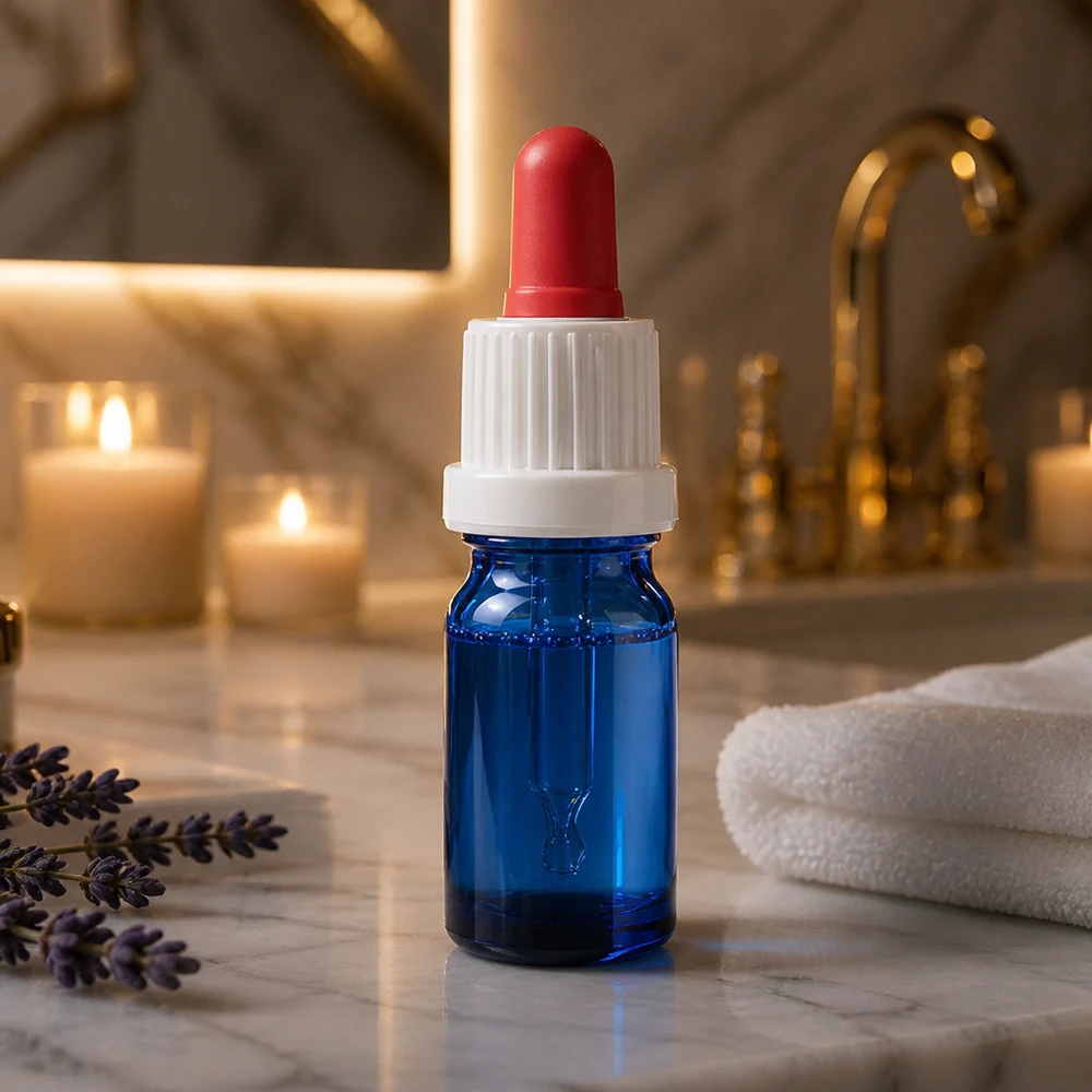 Elegancka niebieska butelka z pipetą 5 ml z białą zakrętką w luksusowym łazienkowym klimacie BlueLine UT18/5