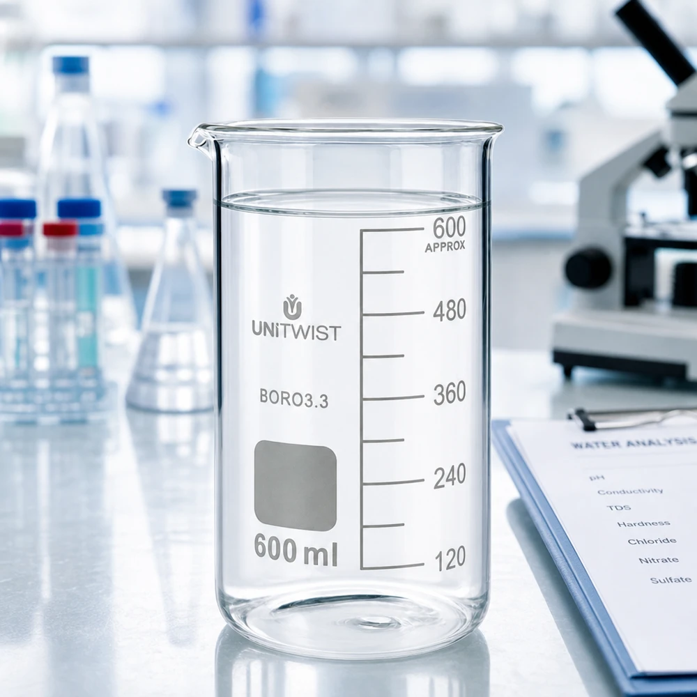 Szklanka UNITWIST o pojemności 600 ml, wysoka, z borokrzemianu, z czystą wodą na stole laboratoryjnym obok mikroskopu
