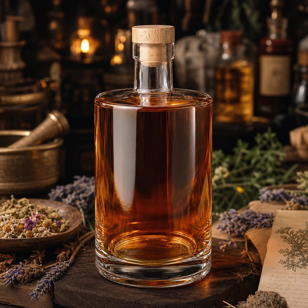 Butelka szklana 700 ml Marie z drewnianym korkiem UNiTWIST® 700 ml szklana butelka Marie z drewnianym korkiem i brązową zawartością ułożoną pomiędzy suszonymi ziołami i lawendą