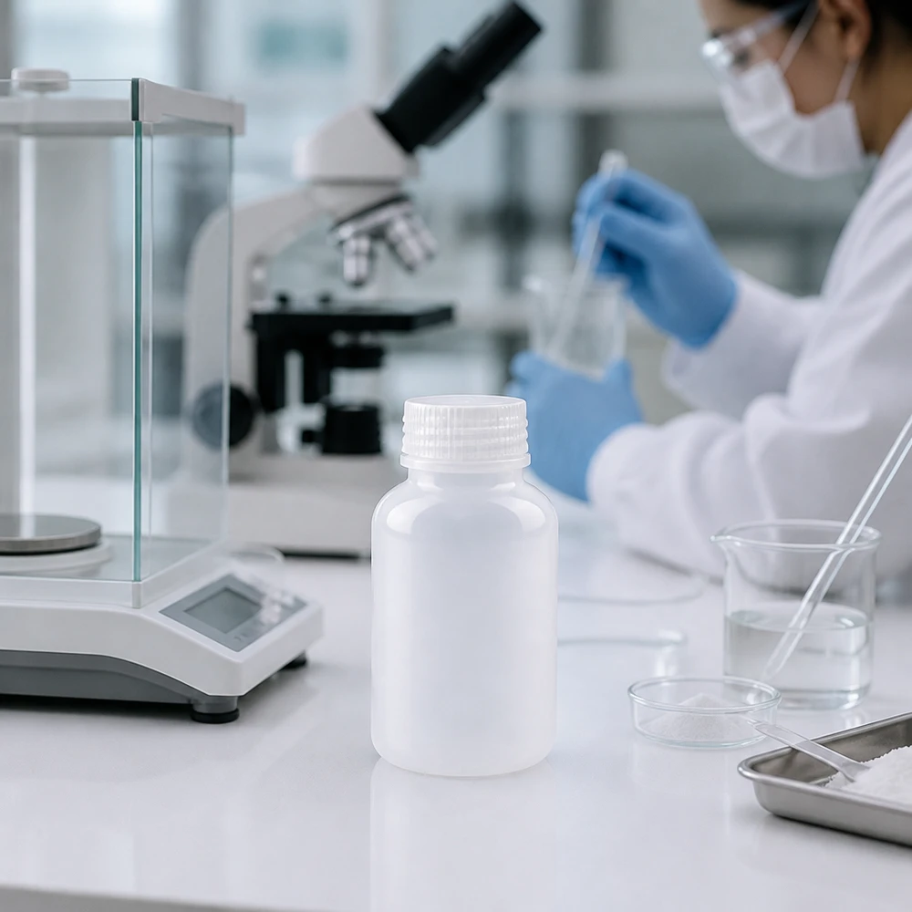 Kompaktowa butelka laboratoryjna o pojemności 100 ml z szeroką szyjką, bez nakrętki, obok wagi analitycznej i mikroskopu w laboratorium