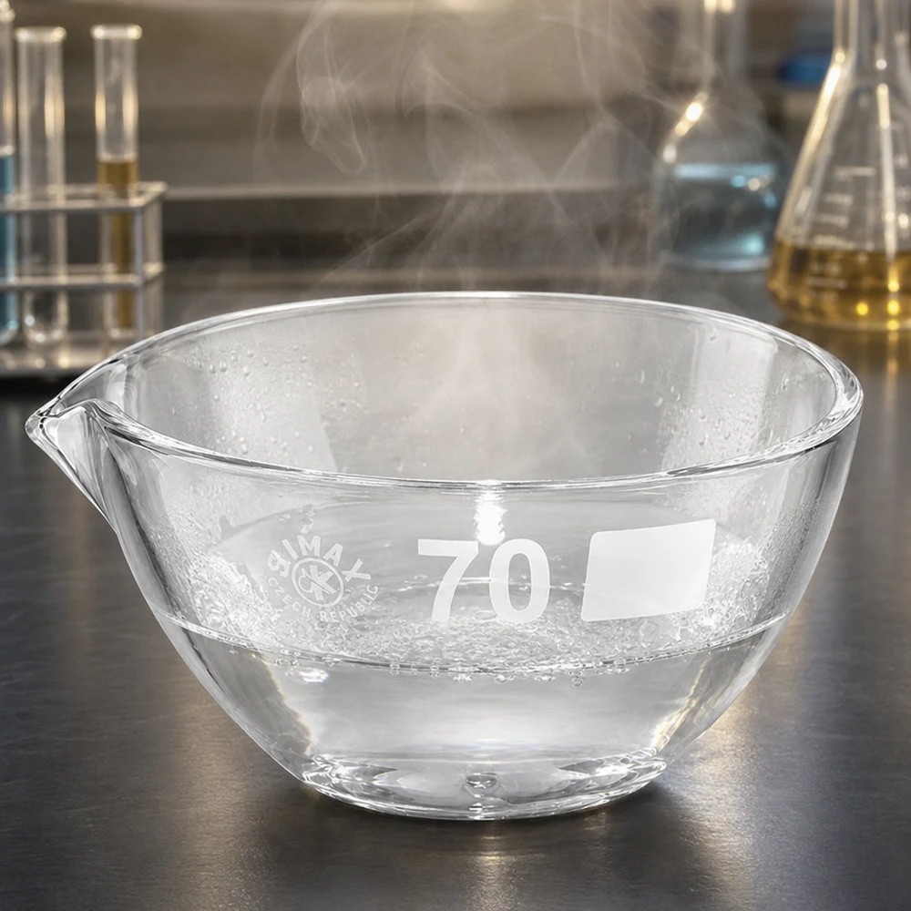 Przezroczysta szklana miska 60 ml z wylewką wykonana z wysokiej jakości borokrzemianu do precyzyjnej pracy laboratoryjnej