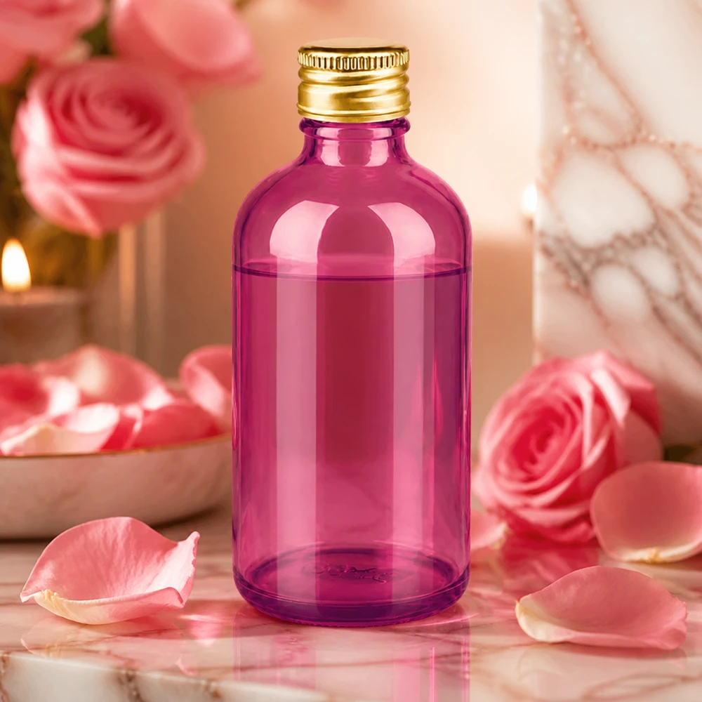 Elegancka szklana butelka o pojemności 100 ml w kolorze fioletowym ze złotym zamknięciem na wysokiej jakości produkty kosmetyczne i perfumy