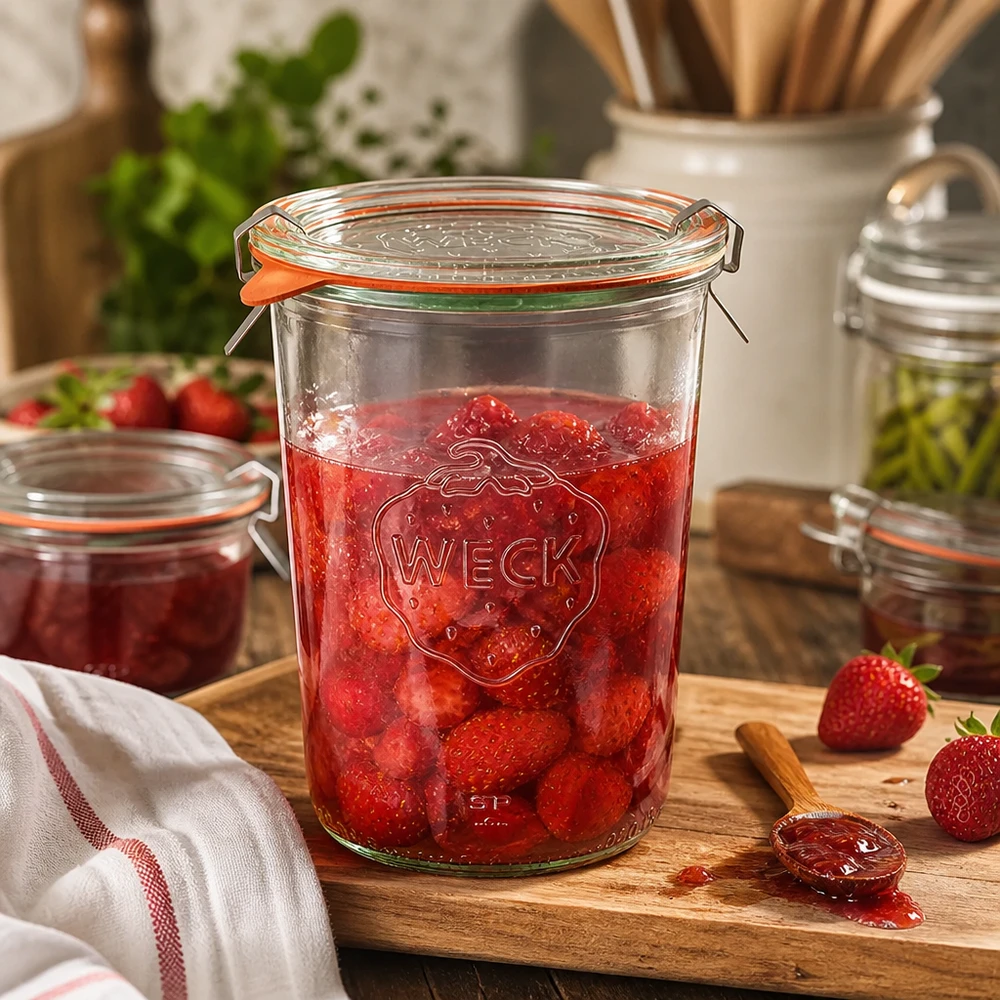 Słoik do przetworów WECK 850 ml wypełniony dżemem truskawkowym na drewnianej desce w rustykalnej kuchni ze świeżymi truskawkami