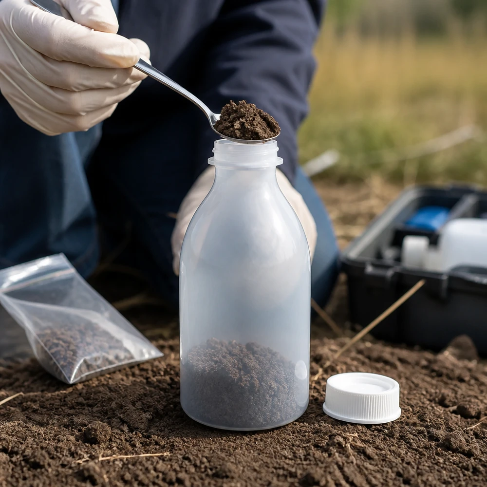 Butelka zakręcana 250 ml, butelka laboratoryjna z wąską szyjką Próbkę gleby nabiera się łyżką i umieszcza w plastikowej butelce z wąską szyjką o pojemności 250 ml, zamykanej na śrubę
