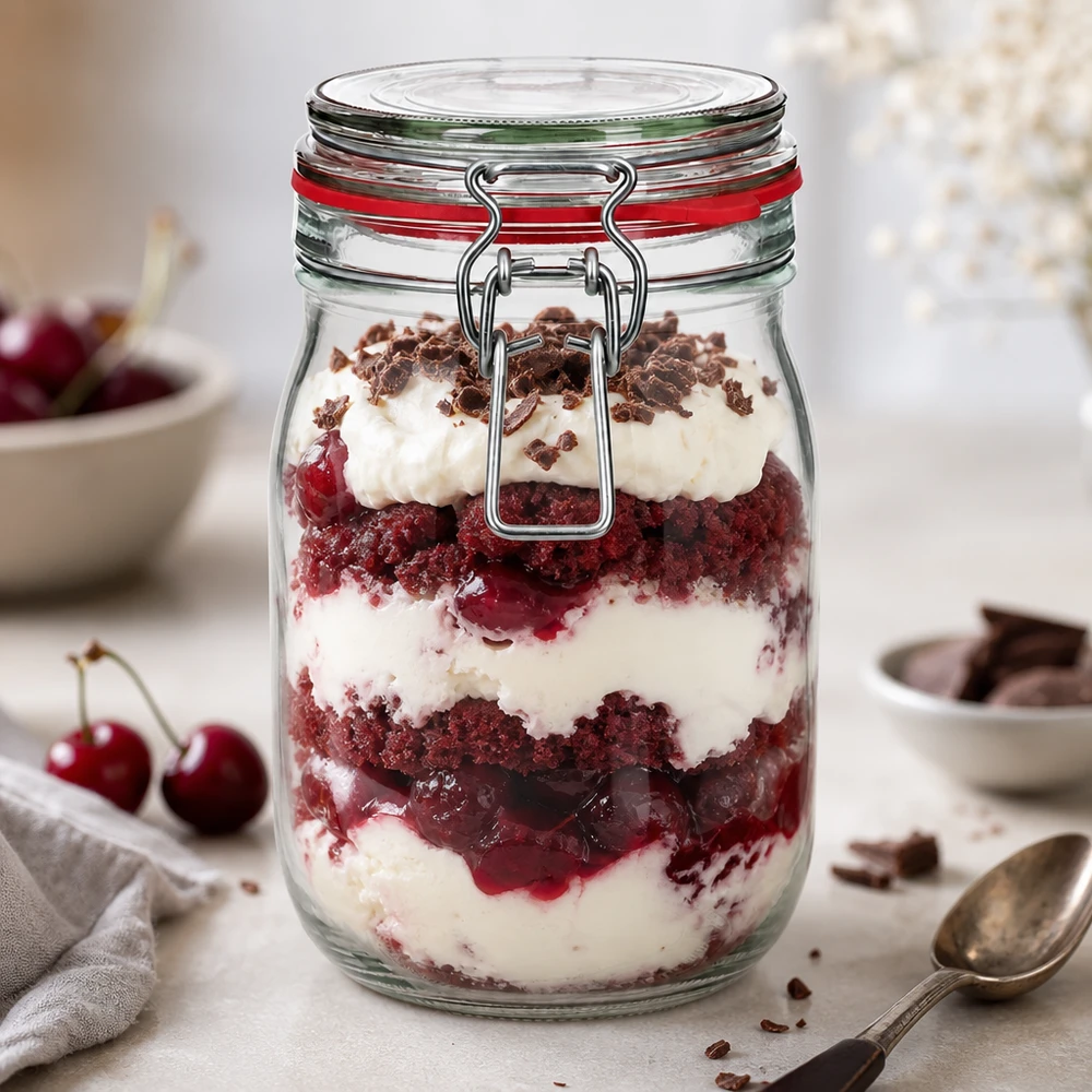 Słoik do przechowywania o pojemności 1140 ml, typ G, z zamknięciem na zatrzask UN.. Szczelny słoik o pojemności 1140 ml z uchylną pokrywką, idealny do przechowywania warstw deserów i słodyczy.