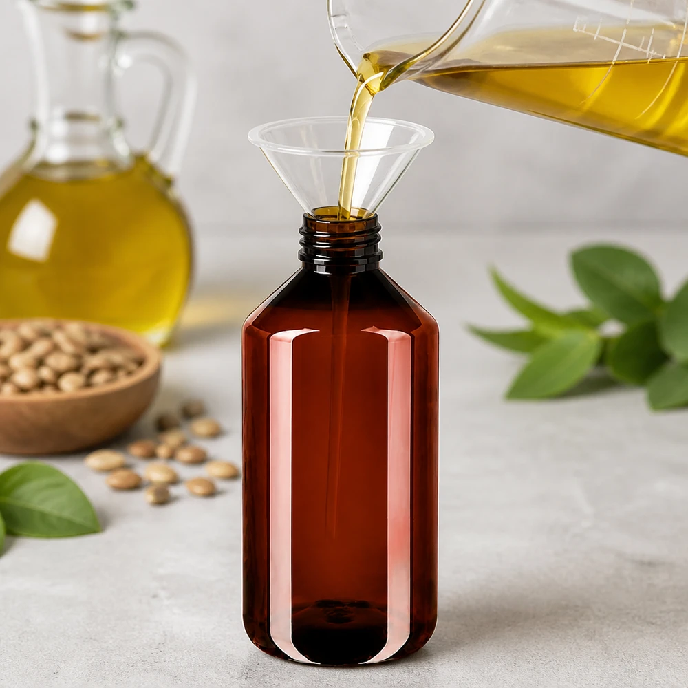 Brązowa butelka PET o pojemności 750 ml z zieloną nakrętką podczas napełniania żółtym olejem za pomocą lejka