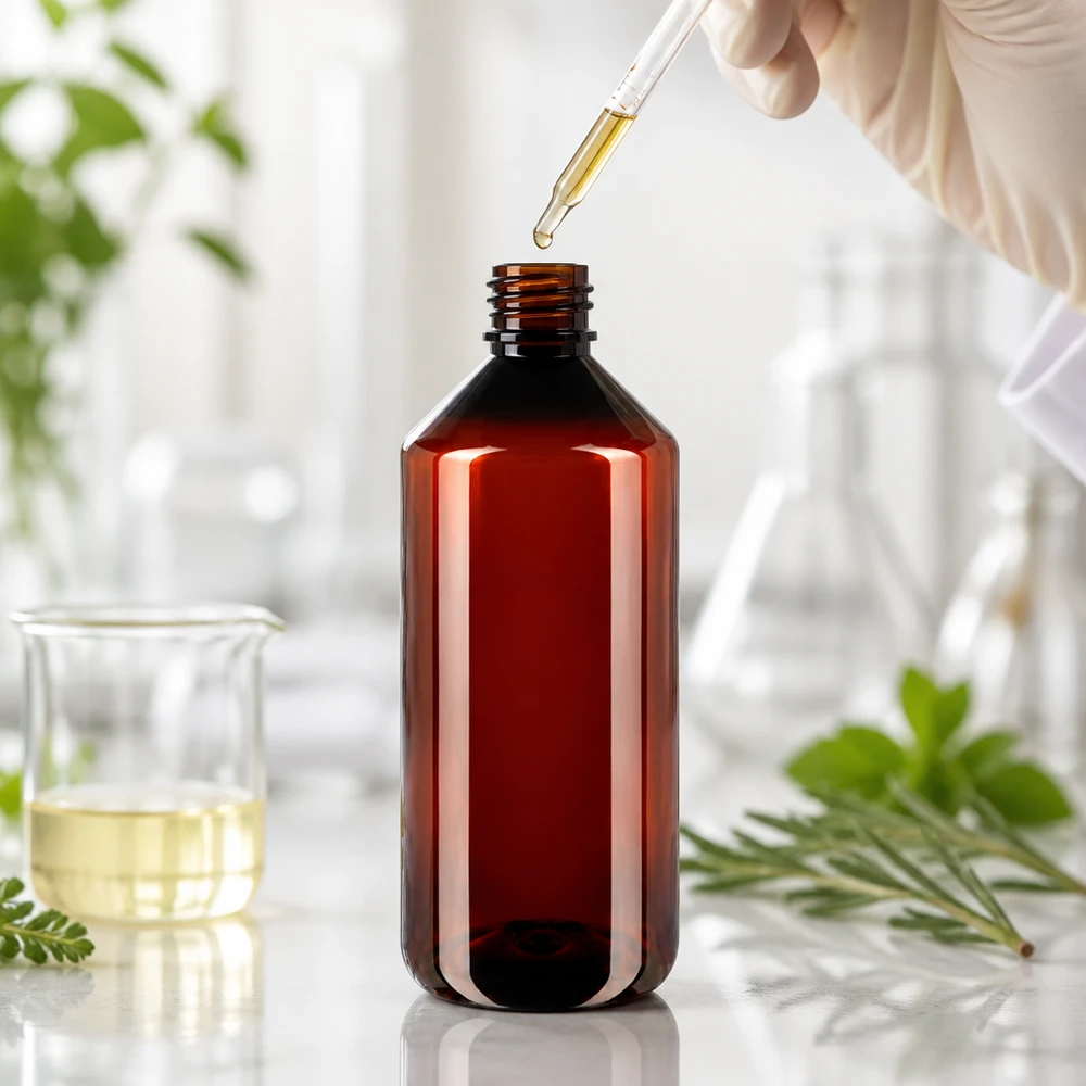 Brązowa butelka PET o pojemności 1000 ml z pipetą kroplową w laboratorium, otoczona ziołami leczniczymi i kolbami szklanymi