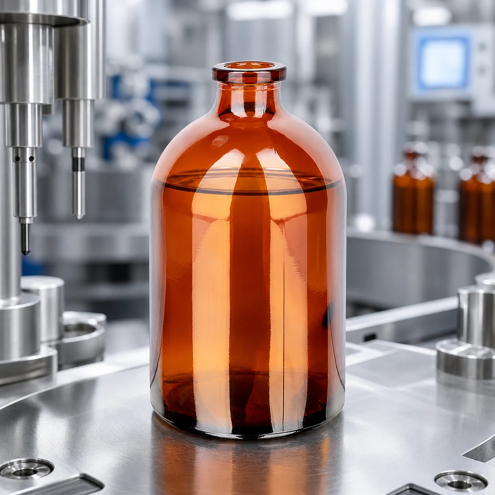 Butelka iniekcyjna z bursztynowego szkła 100 ml Sterile Injektionsflasche 100ml aus Braunglas auf Edelstahlunterlage neben Abfüllnadel