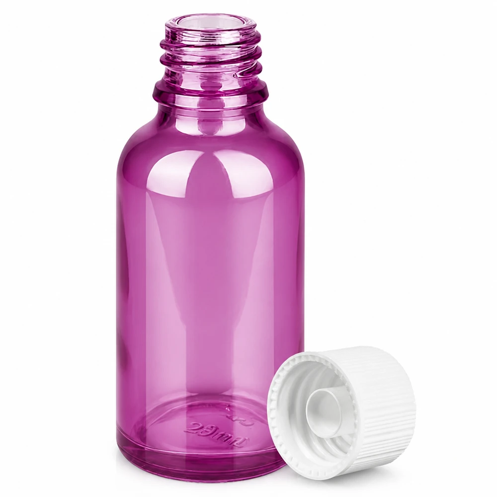 Butelka 30 ml z zakrętką 11 mm, biała, standardowa PurpleLine UT18/30 Fioletowa szklana butelka 30 ml z białą gwintowaną nakrętką na olejki eteryczne i serum