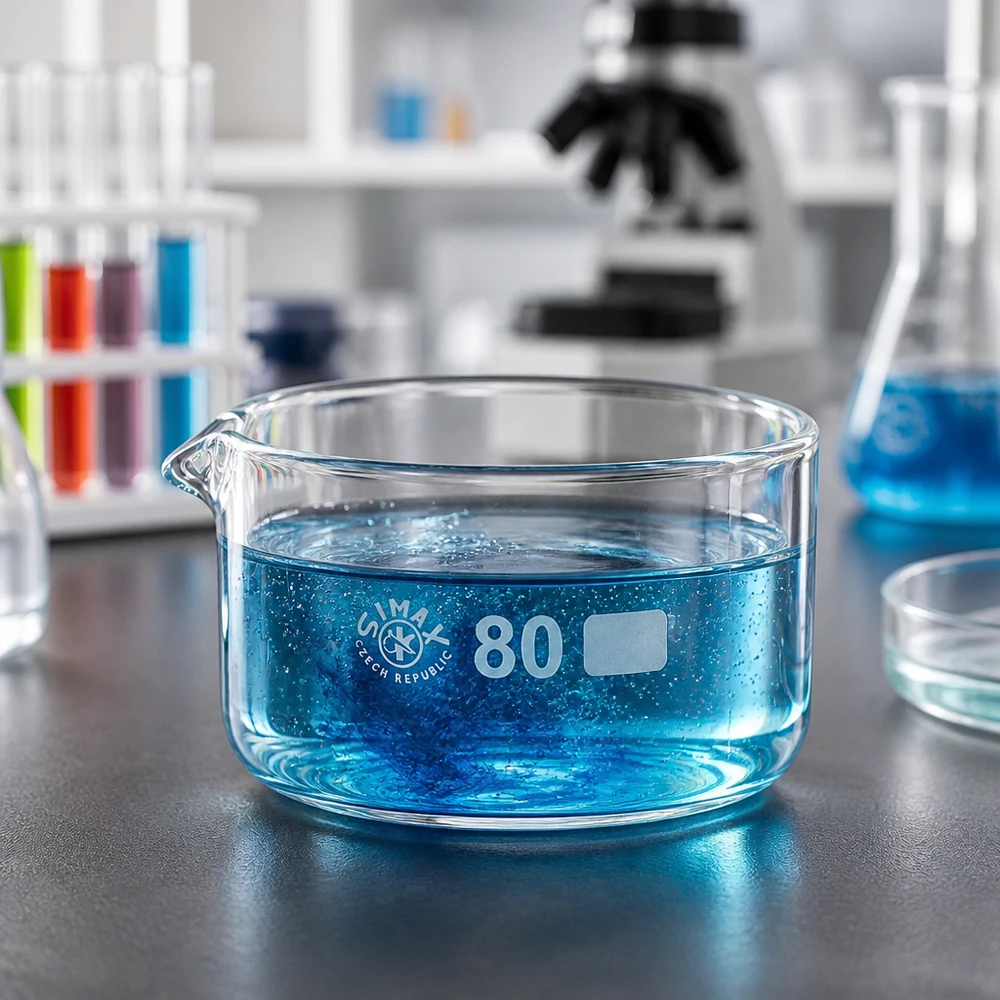 Niska miseczka do krystalizacji o pojemności 150 ml i średnicy 80 mm, z niebieskim płynem i wylewką, wykonana ze szkła borokrzemowego