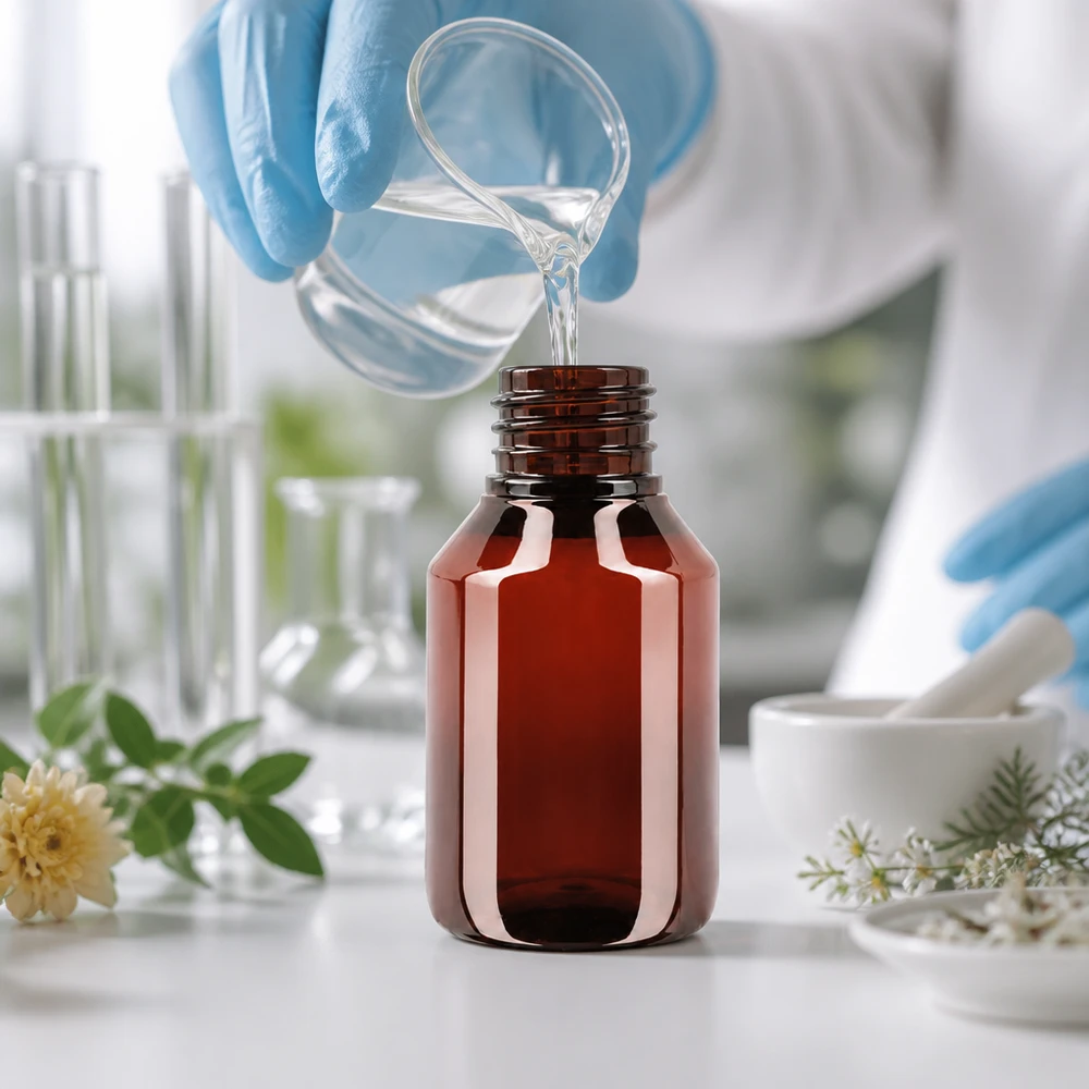 Brązowa butelka PET o pojemności 50 ml z opakowaniem zewnętrznym w laboratorium podczas napełniania płynem