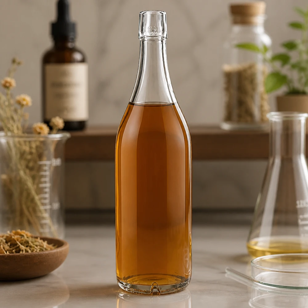Szklana butelka 1000 ml UNiTWIST z bursztynową zawartością w naturalnym otoczeniu kuchennym z ziołami i butelkami