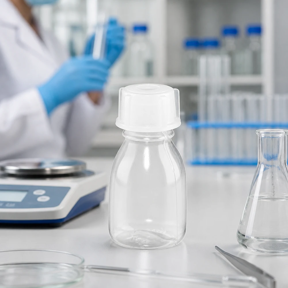 Butelka z zakrętką o wąskiej szyjce o pojemności 10 ml na wadze laboratoryjnej obok kolby Erlenmeyera i pęsety w laboratorium