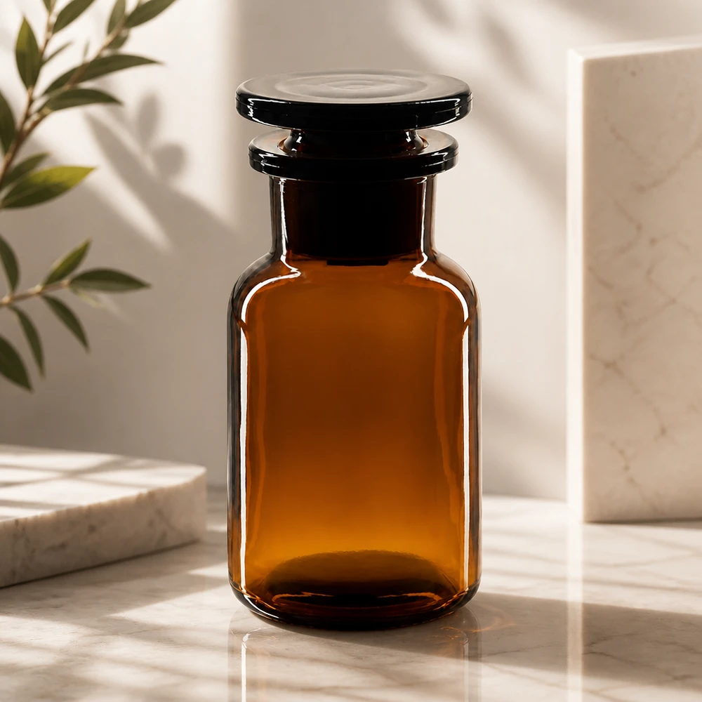 Butelka z brązowego szkła o zaokrąglonych ramionach, pojemność 100 ml, z szeroką szyjką i szklanym korkiem, z ochroną przed promieniowaniem UV, chroniona przed światłem