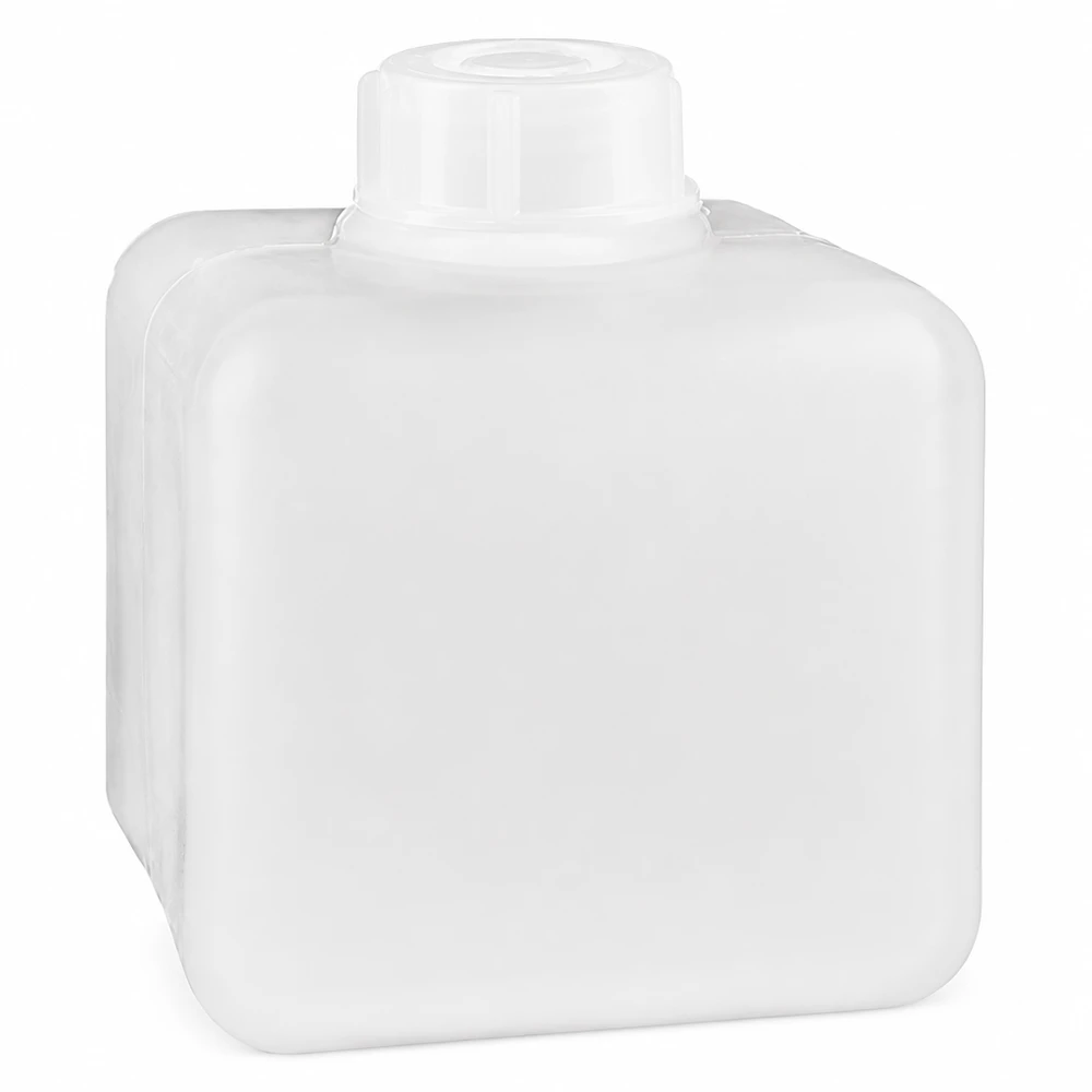 Butelka na chemikalia 500 ml, wąska szyjka z PE-HD, kolor naturalny Butelka na chemikalia 500 ml z polietylenu wysokogęstościowego (PE-HD), o wąskiej szyjce, w kolorze naturalnym, kwadratowa, z białym zakrętkiem