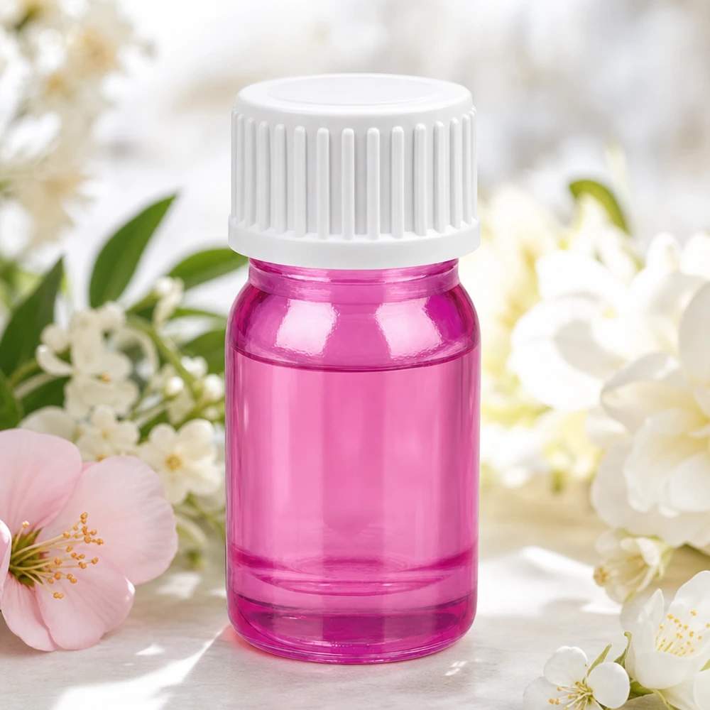 Kompaktowa szklana butelka 5 ml w kolorze różowym z białym gwintem do mobilnej aromaterapii w podróży