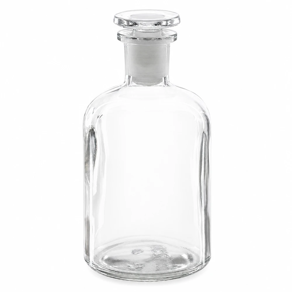 Okrągła butelka na ramię 250 ml, przezroczysta, szklana zatyczka z wąską szyjką Butelka z zaokrąglonymi ramionami, 250 ml, przezroczysta, z szklanym korkiem, o wąskiej szyjce, wykonana z wysokiej jakości szkła borokrzemowego