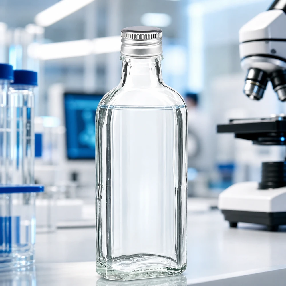 Mała szklana butelka Meplat o pojemności 100 ml, przezroczysta, z aluminiową zakrętką w kolorze srebrnym PP22, przeznaczona do zastosowań laboratoryjnych