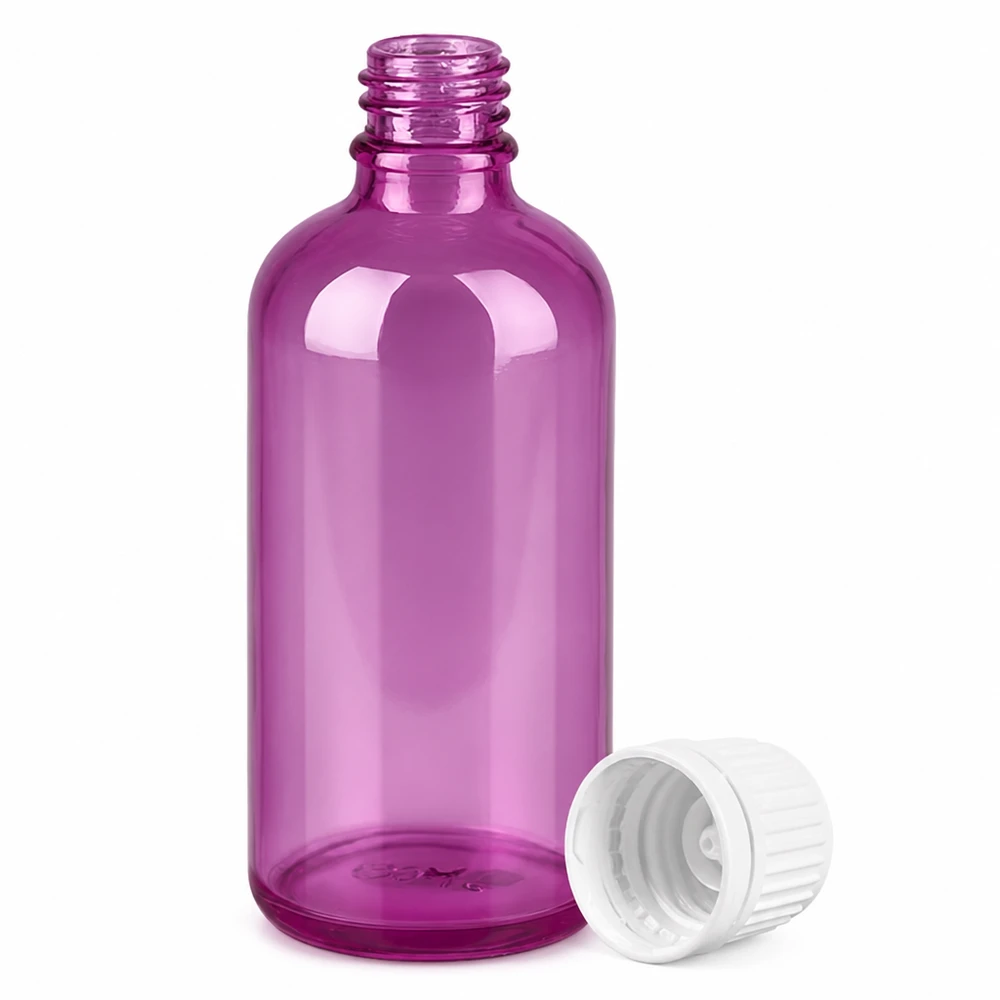 Butelka 100 ml z zakrętką 11 mm biała Oryginalna zakrętka PurpleLine UT18/100 Fioletowa butelka 100 ml z gwintem i zdejmowaną białą nakrętką do kosmetyków i aromaterapii