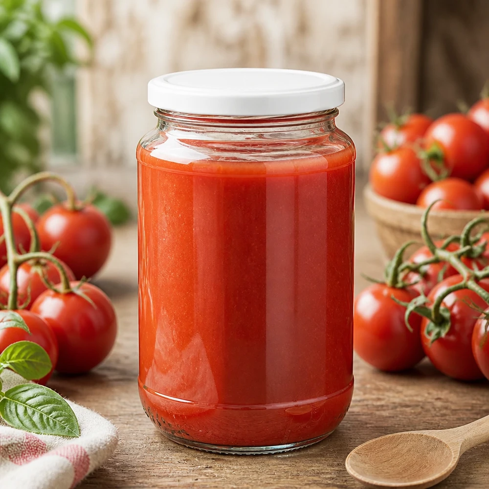 Okrągła szklanka UNiTWIST o pojemności 320 ml z pokrywką BasicSeal, wypełniona świeżym sosem pomidorowym, otoczona czerwonymi pomidorami