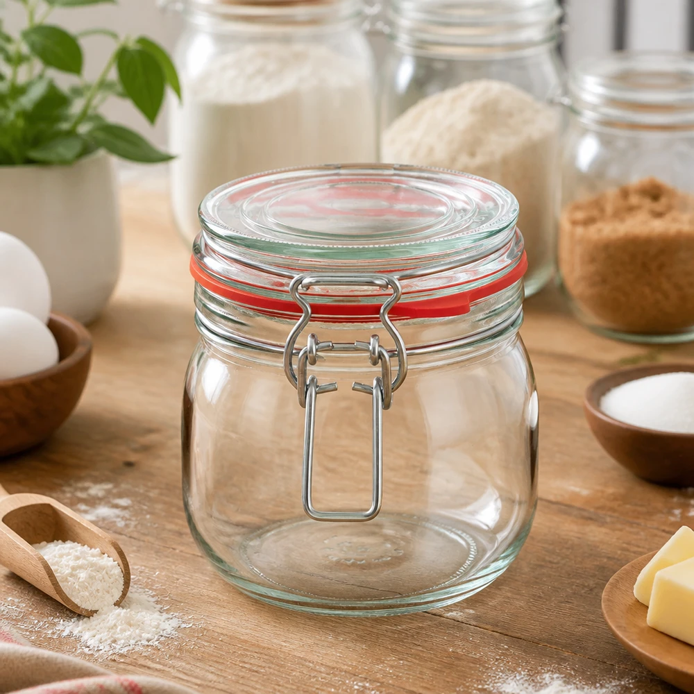 Słoik do przechowywania typu G o pojemności 634 ml z zamknięciem na zatrzask UN.. Przezroczysty słoik o pojemności 634 ml z pokrywką typu flip-top, idealny do przechowywania mąki, cukru i składników do pieczenia.