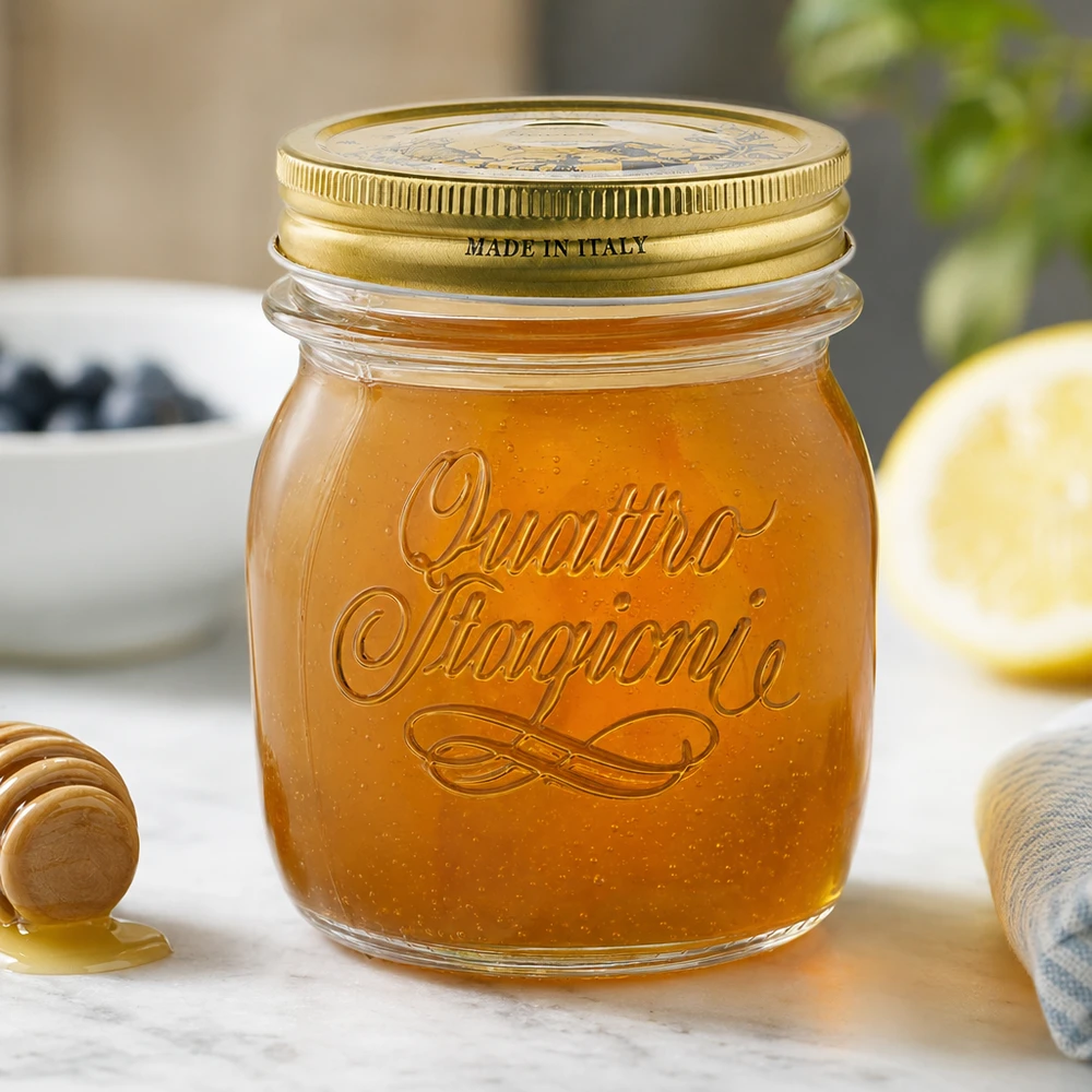 Słoik okrągły 250 ml „Quattro Stagioni” z pokrywką 250ml okrągły słoik Quattro Stagioni ze złotą pokrywką wypełniony miodem na blacie kuchennym Made in Italy