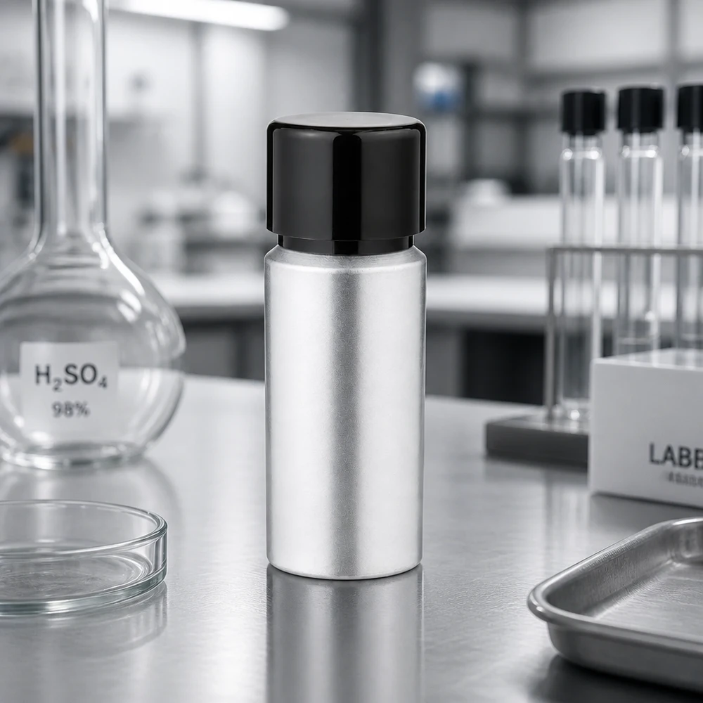 Wysokiej jakości aluminiowa butelka 20 ml z czarną zakrętką do zastosowań laboratoryjnych i substancji chemicznych
