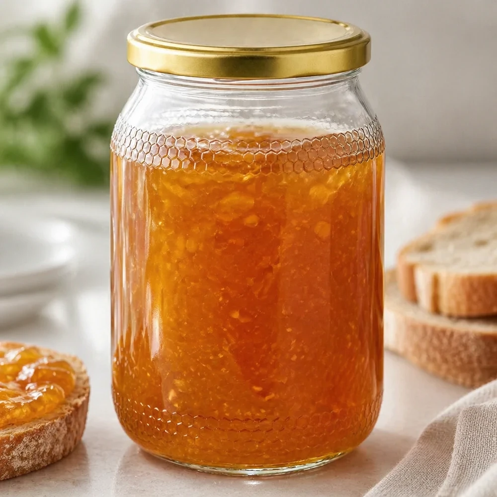 Słoik na miód o pojemności 900 ml wypełniony złotym miodem i plastrem miodu - złota pokrywka BasicSeal zapewnia autentyczną prezentację miodu