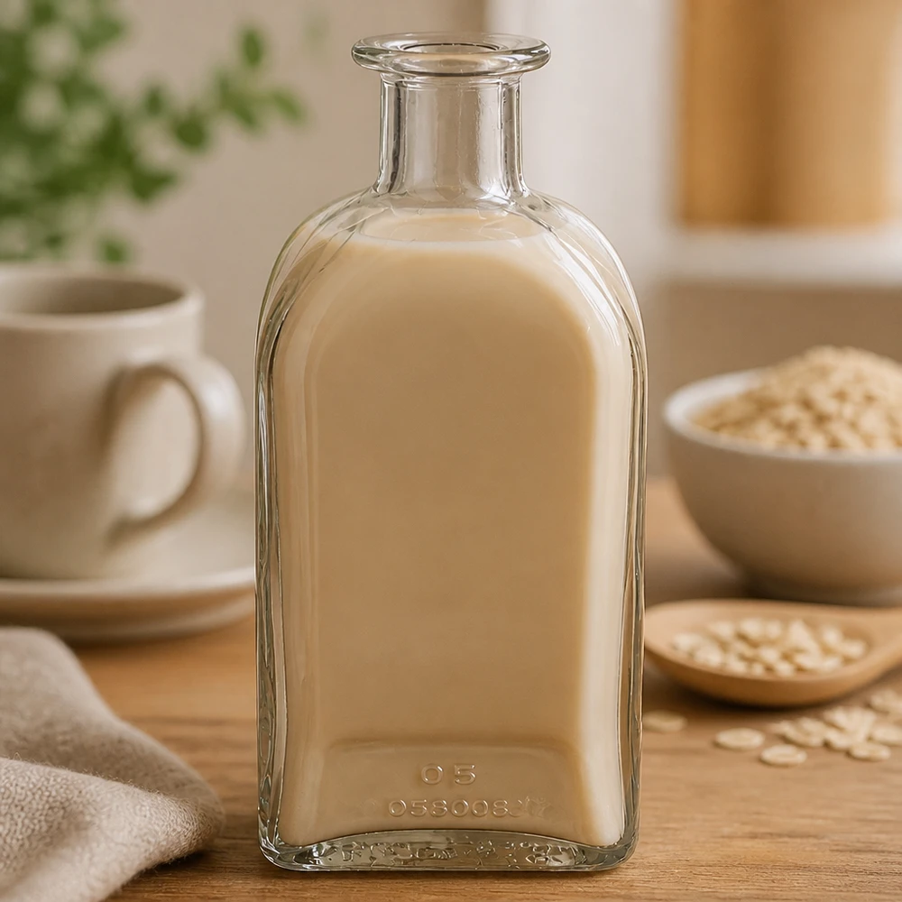 500 ml szklana butelka Julia wypełniona kremowo-beżowym płynem obok płatków owsianych i kubka w ciepłej kuchennej atmosferze