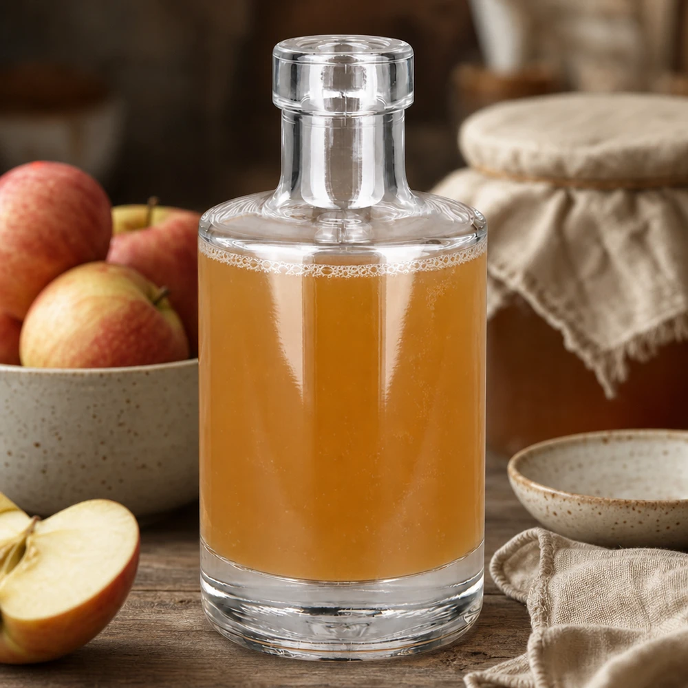 Glasflasche Marie 200ml mit Apfelsaft befüllt natürliche Küchendeko mit frischen Äpfeln rustikaler Holztisch Lifestyle