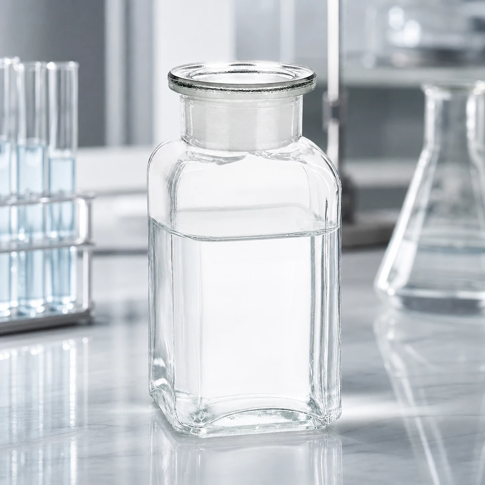 Kwadratowa butelka 100 ml z przezroczystą zatyczką z szeroką szyjką Pusta, przezroczysta butelka o przekroju kwadratowym o pojemności 100 ml z szklanym korkiem, stojąca na białym stole laboratoryjnym wśród probówek
