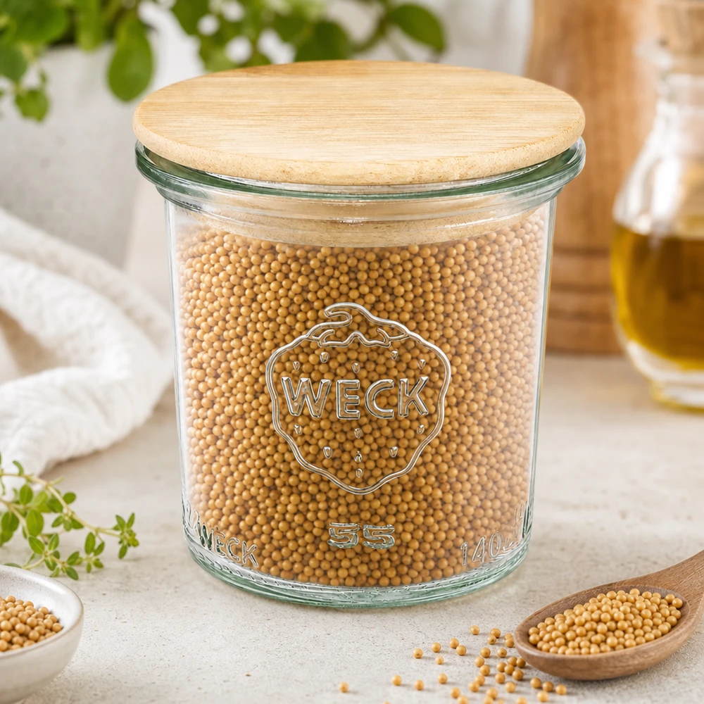 Kubki 140 ml WECK RR60 z drewnianą pokrywką Kubki WECK 140 ml RR60 wypełnione ziarnami soi pokazują wszechstronne zastosowanie dla roślin strączkowych i przypraw.