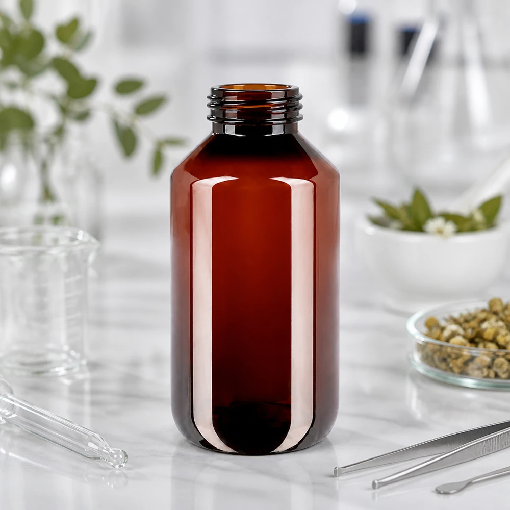 Butelka PET 200 ml z białym standardem OV Bursztynowa butelka PET o pojemności 200 ml z białym opakowaniem zewnętrznym na marmurowym stole obok pęsety laboratoryjnej i pipety