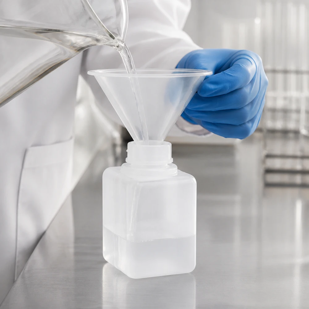 Butelka na chemikalia 20 ml, wąska szyjka z PE-HD, kolor naturalny Laborant wlewa przez lejek przezroczysty płyn do butelki na chemikalia z polietylenu wysokogęstościowego (PE-HD) o pojemności 20 ml i wąskiej szyjce