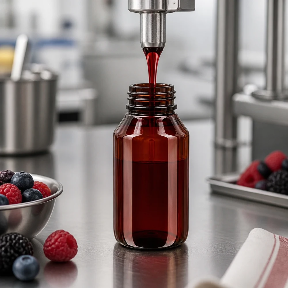 Butelka PET 50 ml z zieloną nakrętką OV Rozlewanie ekstraktu z jagód do brązowej butelki PET o pojemności 50 ml z oryginalnym zielonym zamknięciem