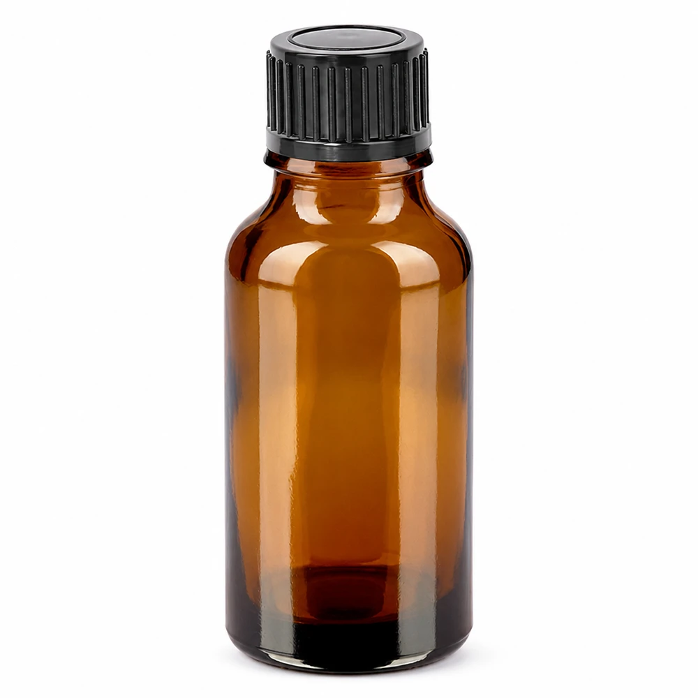 Butelka 20 ml, 11 mm SV, czarna STD BrownLine UT18/20 Butelka z brązowego szkła o pojemności 20 ml z czarną zakrętką do olejków eterycznych i kosmetyków