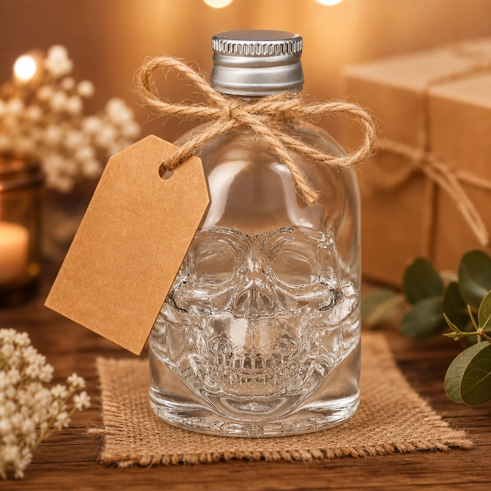 Szklana butelka Hector o pojemności 50 ml z wytłoczoną czaszką, ozdobiona jutową kokardką i papierową przywieszką.