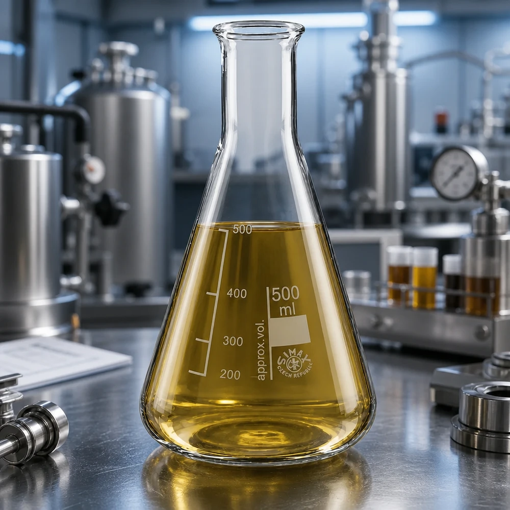 Kolba Erlenmeyera 500 ml z wąską szyjką i żółtym roztworem w profesjonalnym środowisku laboratoryjnym