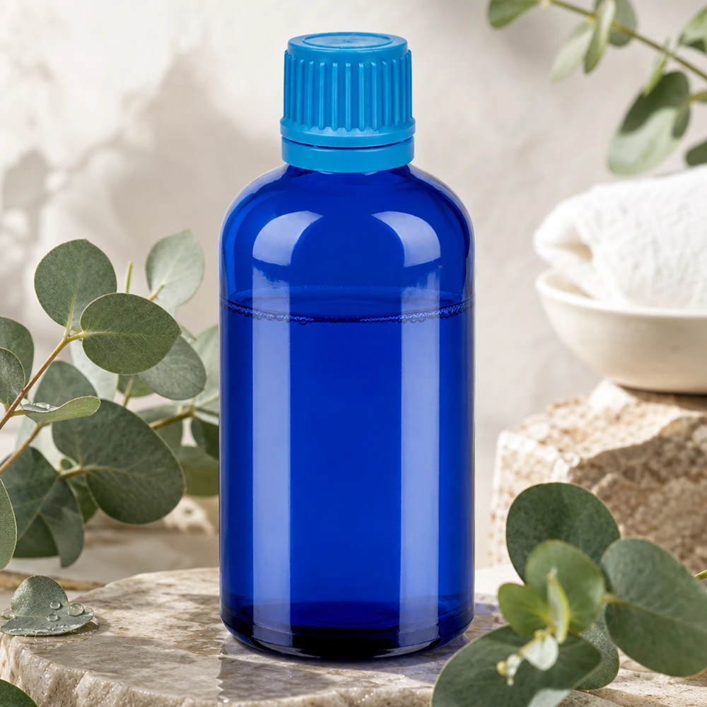 Butelka 100 ml 11 mm SV niebieski OV BlueLine UT18/100 Kompaktowa szklana butelka o pojemności 100 ml w eleganckim niebieskim kolorze z praktyczną zakrętką do codziennego użytku