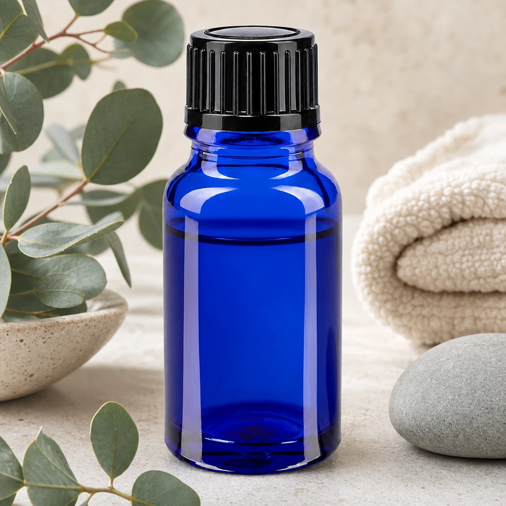 Kobaltowo-niebieska buteleczka apteczna o pojemności 10 ml, model SV STD, czarna, 11 mm, do aromaterapii i wellness