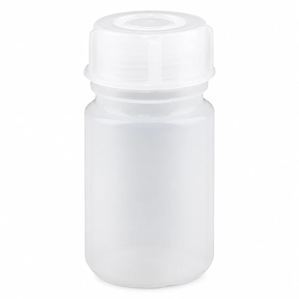 Butelka laboratoryjna 50 ml z szeroką szyjką i zakrętką Butelka laboratoryjna o pojemności 50 ml z szeroką szyjką, wykonana z przezroczystego tworzywa sztucznego, z białą zakrętką