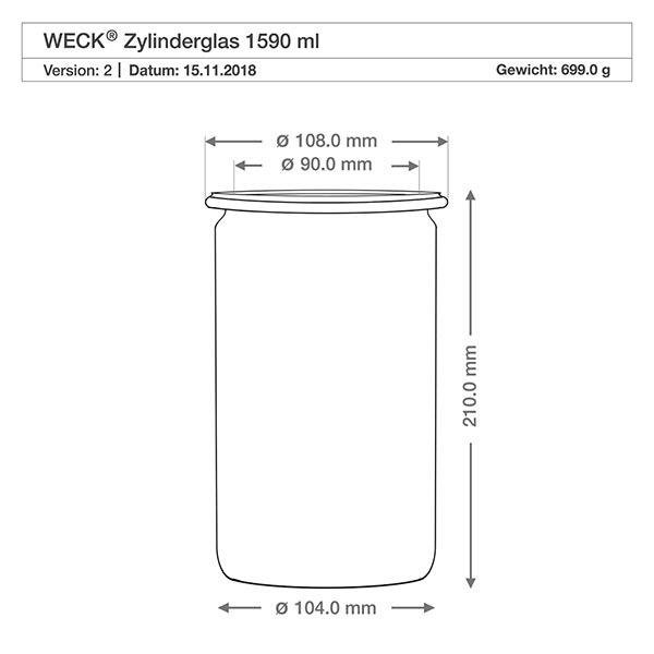 Słoik cylindryczny 1590ml WECK RR100 z korkiem naturalny WECK Zylinderglas 1590ml RR100 technische Zeichnung mit Maßangaben Durchmesser Höhe Gewicht Produktspezifikation