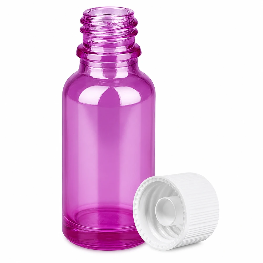 Mała szklana butelka 20 ml w kolorze fioletowym z gwintem 11 mm i białą nakrętką do aromaterapii
