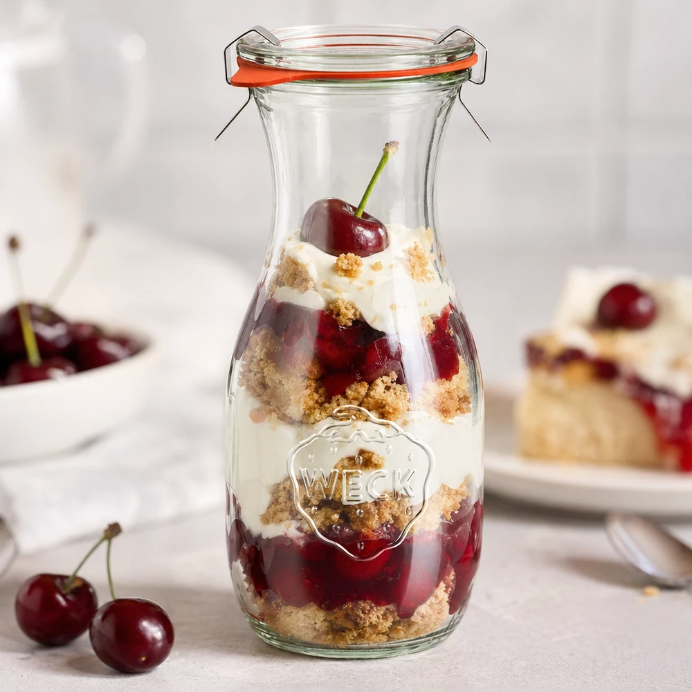 Kompletny zestaw do butelki na sok o pojemności 530 ml WECK RR60 Butelka na sok WECK 530 ml RR60 jako słoik deserowy wypełniony wiśniowym deserem i kremem obok świeżych wiśni