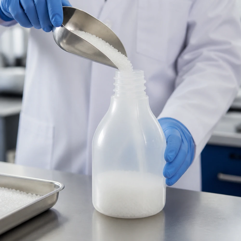 Butelka laboratoryjna 30 ml z wąską szyjką bez zakrętki Laborant w białym fartuchu napełnia białą substancję w postaci granulatu do 30 ml butelki laboratoryjnej z wąską szyjką